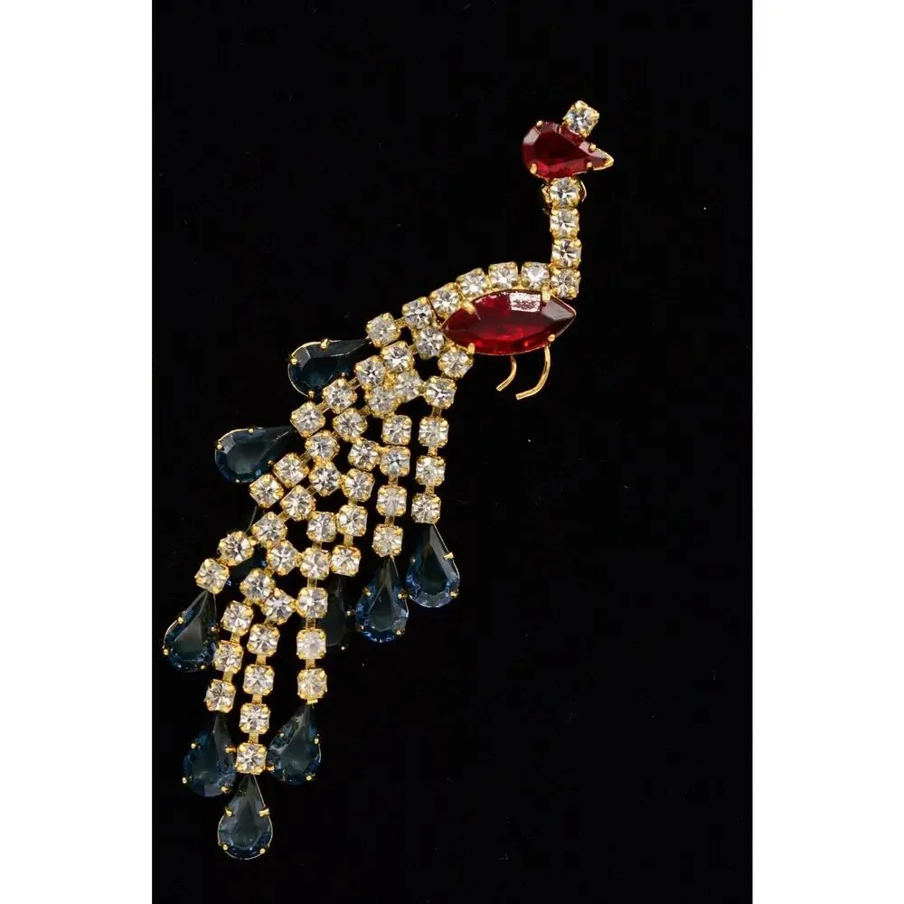 Vintage Crystal Peacock Pin Brooch Prong Blue Pink Rhinestone Gold NOS 1980s 9B